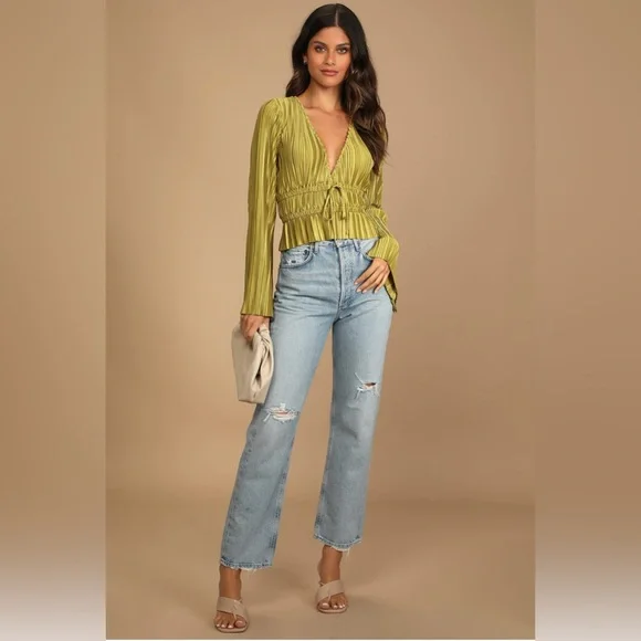 Staying Optimistic Chartreuse Pleated Bell Sleeve Top - Picture 1 of 4